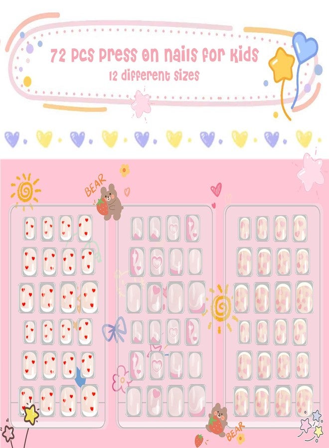 Laza 72pcs Children Nails Press On Pre-glue Full Cover Red Pink Heart Flower Short False Nail Kits for Kids Teenager Girls - French Love - Image 2